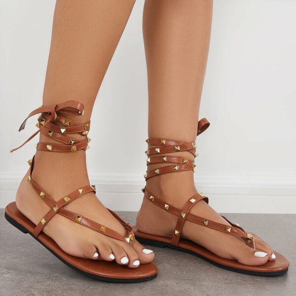 Rivet Flip Flops Lace Up Strappy Flat Thong Sandals