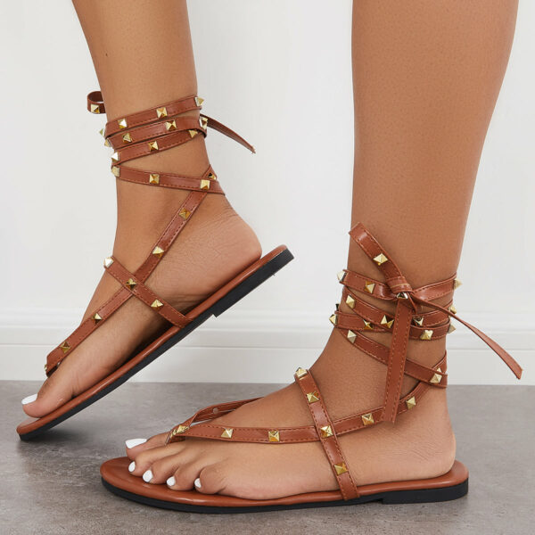 Rivet Flip Flops Lace Up Strappy Flat Thong Sandals - Image 2