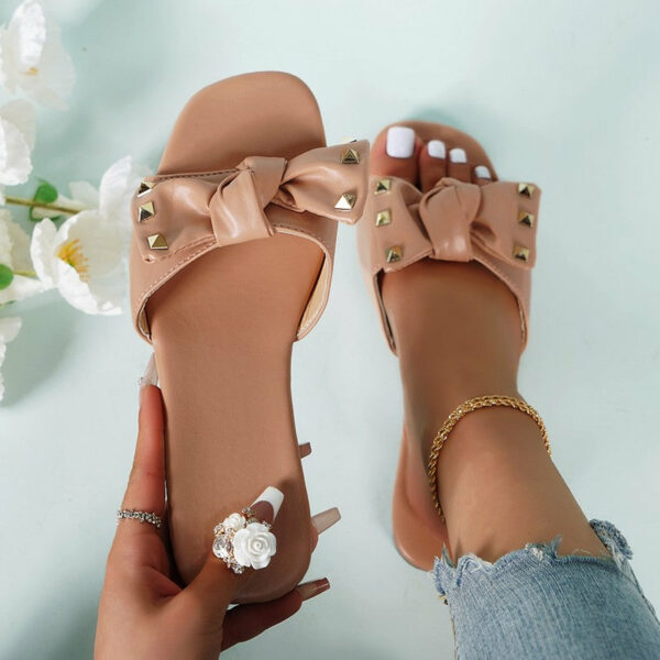 Bowknot Flat Slide Sandals Square Toe Beach Slippers - Image 11