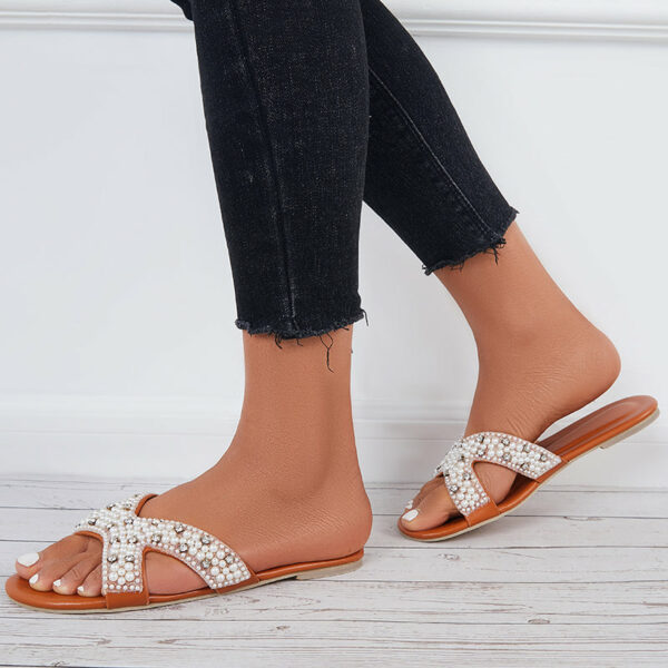 Crisscross Pearl Slides Open Toe Slip on Sandals - Image 3