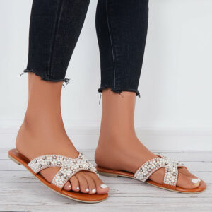 Crisscross Pearl Slides Open Toe Slip on Sandals