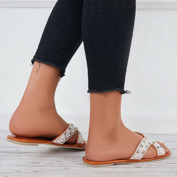 Crisscross Pearl Slides Open Toe Slip on Sandals - Image 5