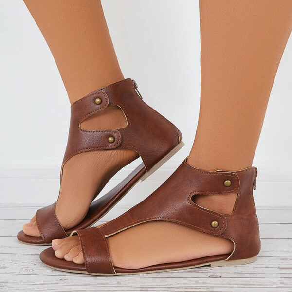 Open Toe T-Strap Flat Sandals Back Zipper Ankle Strap Sandals - Image 2