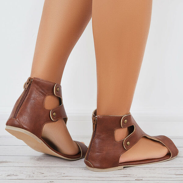 Open Toe T-Strap Flat Sandals Back Zipper Ankle Strap Sandals - Image 4