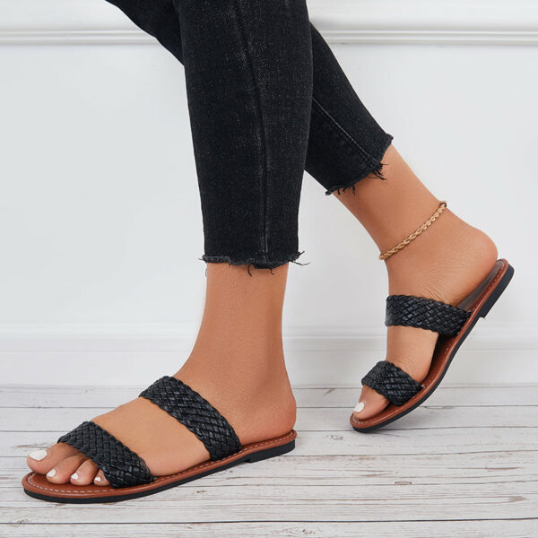 Open Toe Flat Sandals Braided Strap Slides Woven Leather Slippers - Image 5