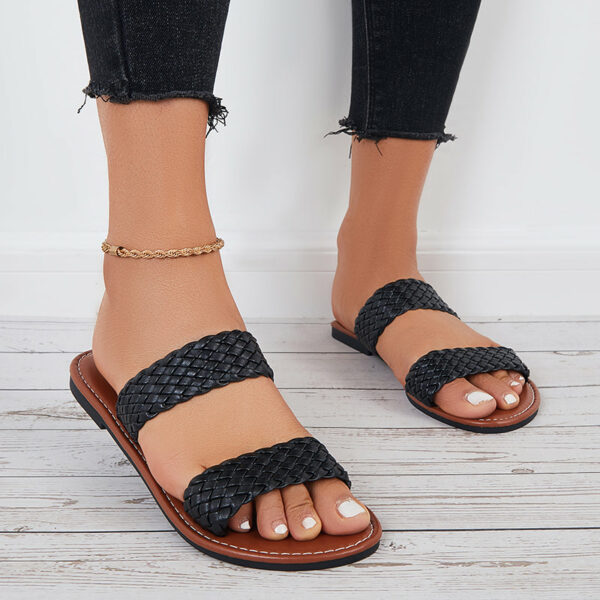 Open Toe Flat Sandals Braided Strap Slides Woven Leather Slippers - Image 2
