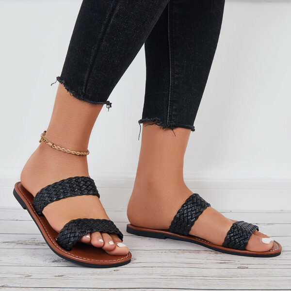 Open Toe Flat Sandals Braided Strap Slides Woven Leather Slippers - Image 3