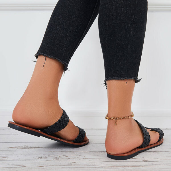 Open Toe Flat Sandals Braided Strap Slides Woven Leather Slippers - Image 4