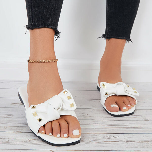 Bowknot Flat Slide Sandals Square Toe Beach Slippers - Image 4