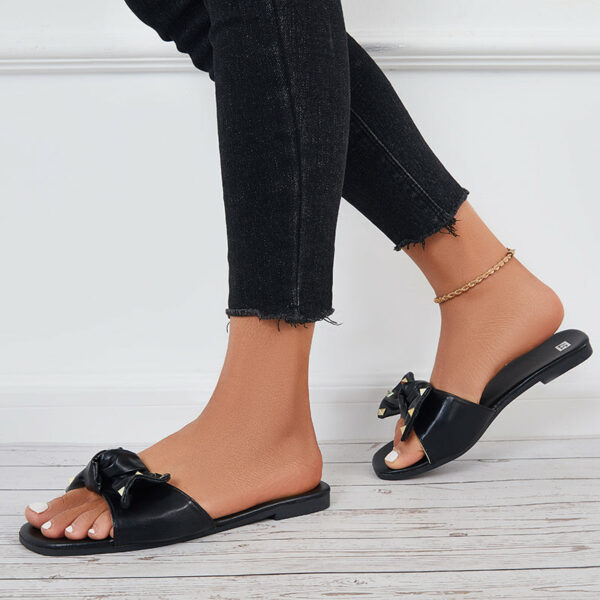 Bowknot Flat Slide Sandals Square Toe Beach Slippers - Image 7