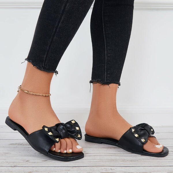 Bowknot Flat Slide Sandals Square Toe Beach Slippers - Image 6