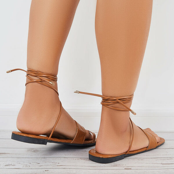Criss Cross Strappy Flat Sandals Toe Ring Lace Up Sandals - Image 10