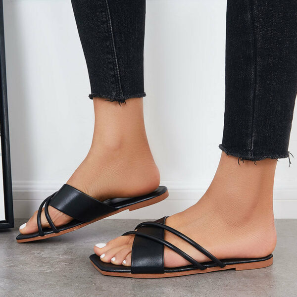 Women Criss Cross Slide Sandals Square Toe Cross Straps Flat Slippers - Image 4