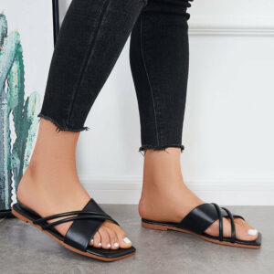 Women Criss Cross Slide Sandals Square Toe Cross Straps Flat Slippers