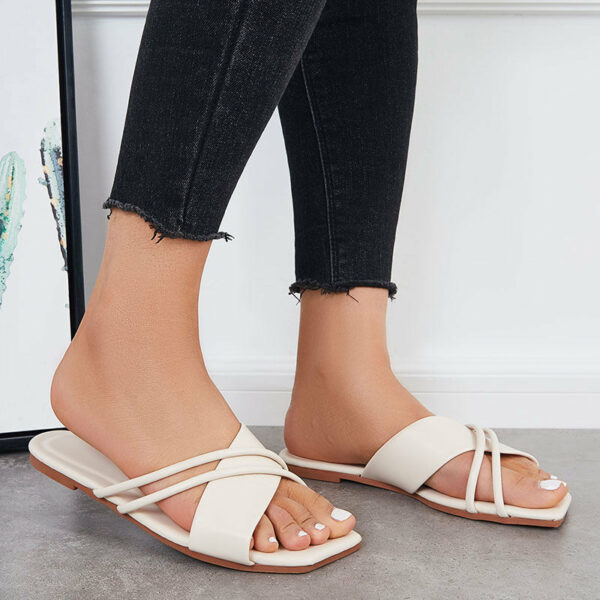 Women Criss Cross Slide Sandals Square Toe Cross Straps Flat Slippers - Image 8
