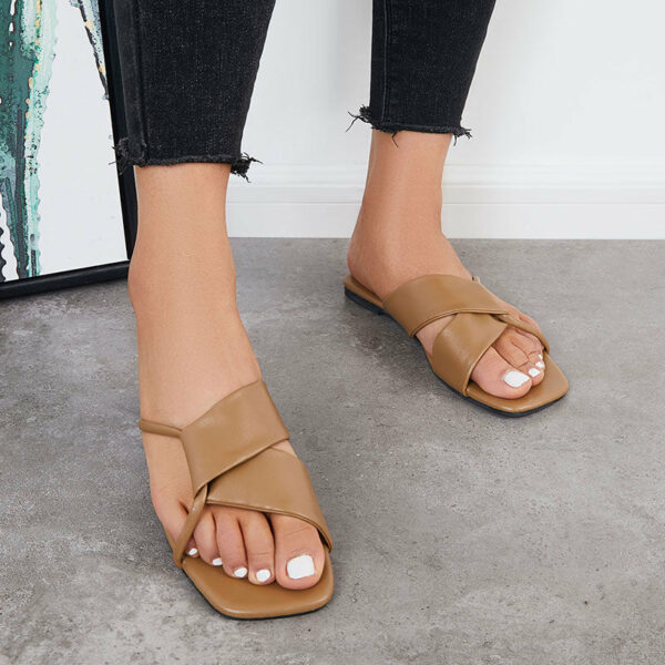 Criss Cross Slide Sandals Casual Square Toe Flat Slippers - Image 6