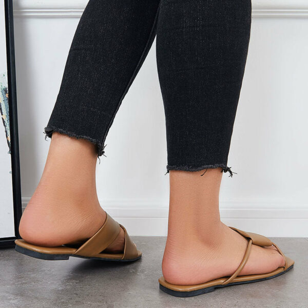 Criss Cross Slide Sandals Casual Square Toe Flat Slippers - Image 9
