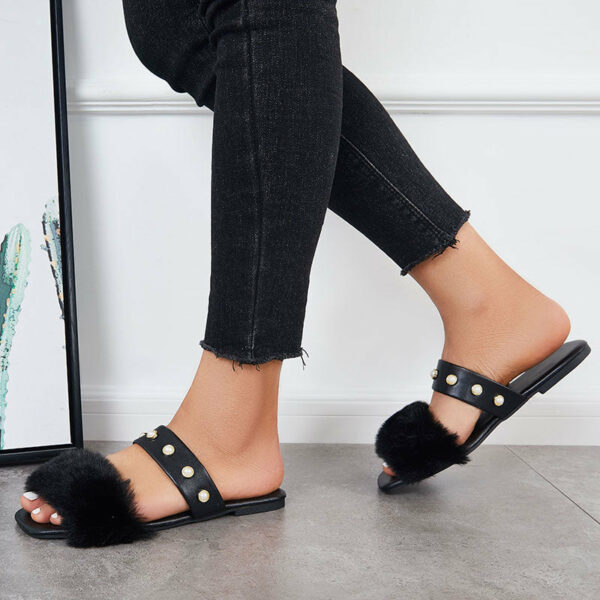 Summer Faux Fur Slippers Slide Sandals Square Toe Flats Shoes - Image 8