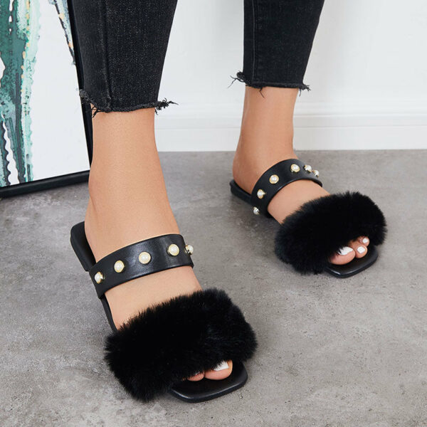 Summer Faux Fur Slippers Slide Sandals Square Toe Flats Shoes - Image 7