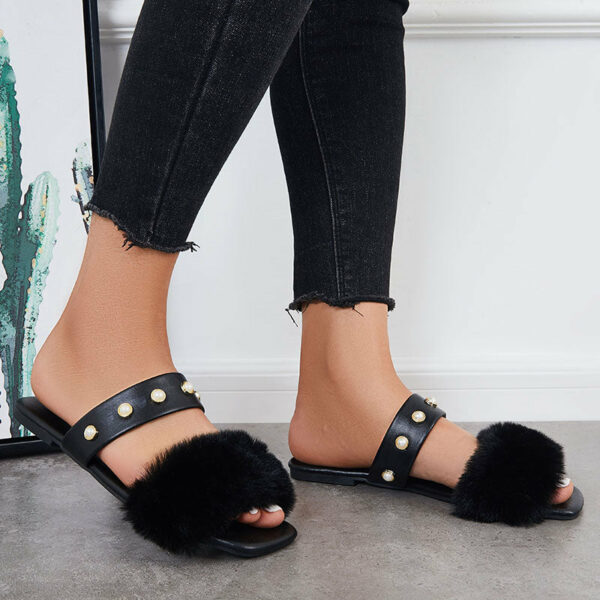 Summer Faux Fur Slippers Slide Sandals Square Toe Flats Shoes - Image 6