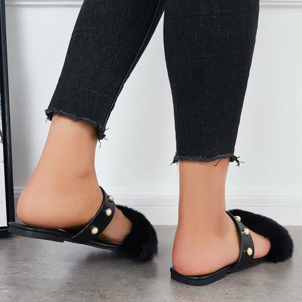 Summer Faux Fur Slippers Slide Sandals Square Toe Flats Shoes - Image 9
