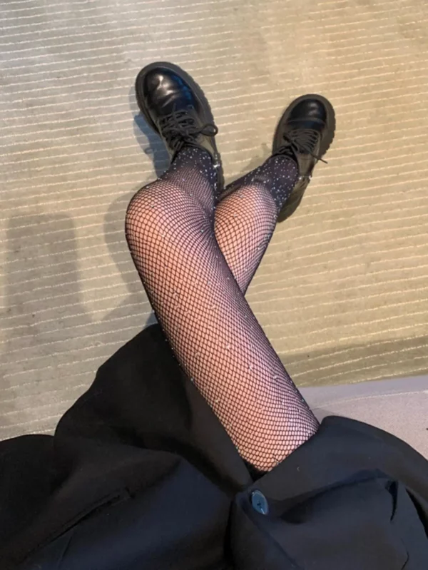 Black stockings with diamonds Women's thin insets trendy and sexy hollow out fishing net stockings Spring hot diamond sparkling - Image 2