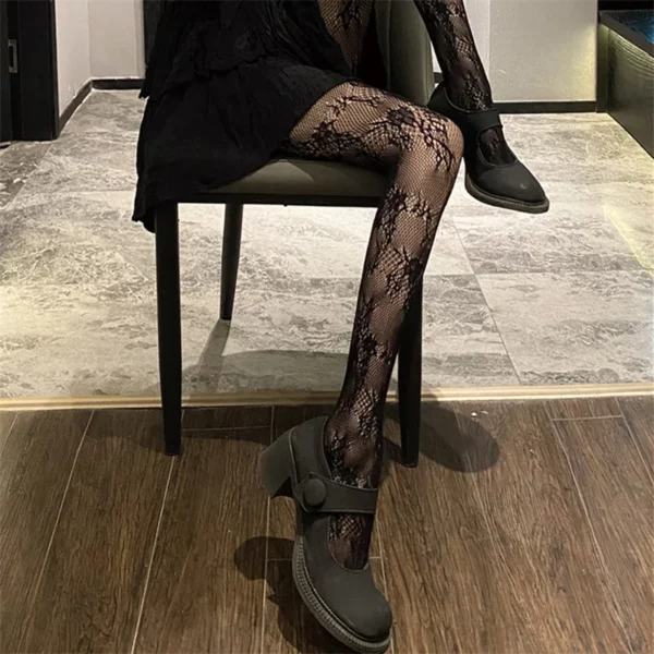 Sexy Black White Hollowed Lace Mesh Stockings Bottomed Pantyhose Japanese Goth Floral Rattan Stocking Hot Classic Tights - Image 5