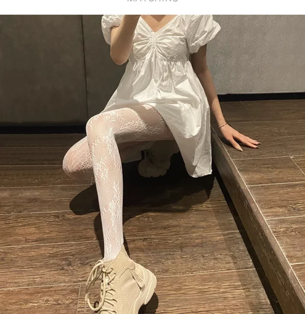Sexy Black White Hollowed Lace Mesh Stockings Bottomed Pantyhose Japanese Goth Floral Rattan Stocking Hot Classic Tights - Image 4