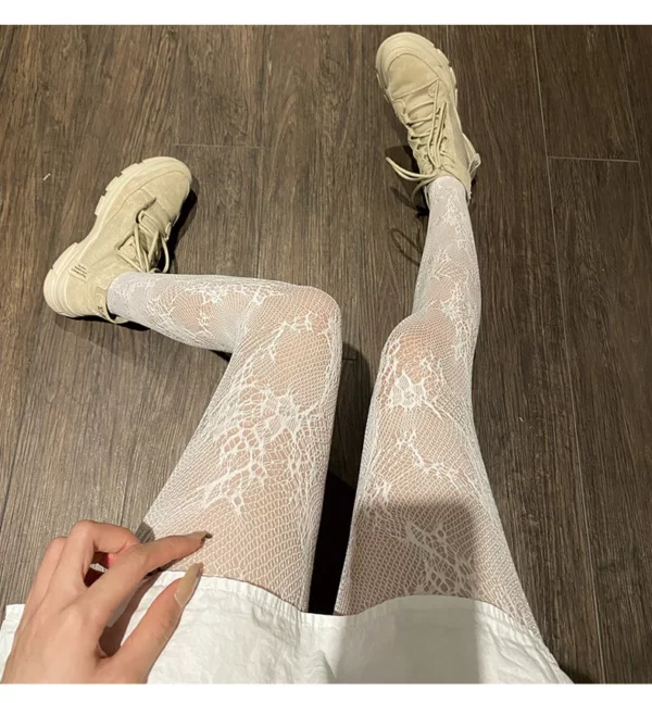 Sexy Black White Hollowed Lace Mesh Stockings Bottomed Pantyhose Japanese Goth Floral Rattan Stocking Hot Classic Tights - Image 2