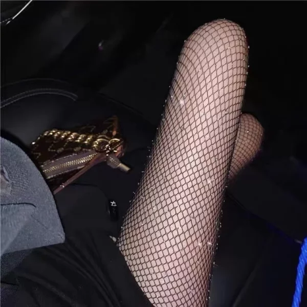 Black stockings with diamonds Women's thin insets trendy and sexy hollow out fishing net stockings Spring hot diamond sparkling - Image 5