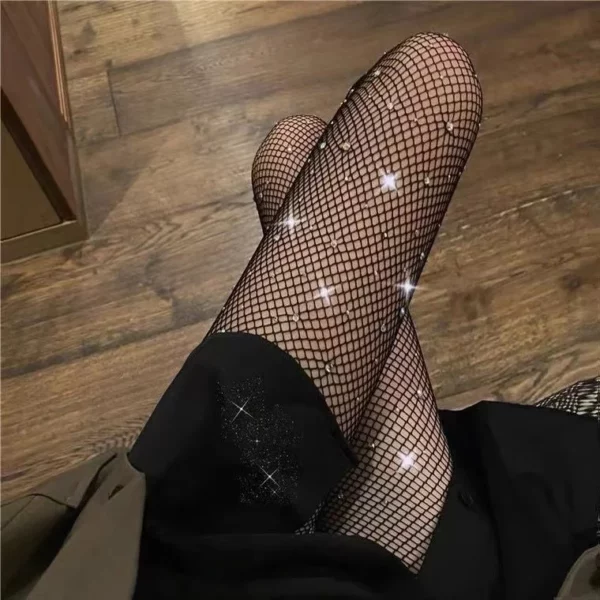 Black stockings with diamonds Women's thin insets trendy and sexy hollow out fishing net stockings Spring hot diamond sparkling - Image 4